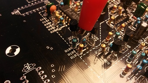 R103 soldered according to PCB layout, attaching 5V there is NOT ok for Q28 because will drop 5V directly to Q28 Base